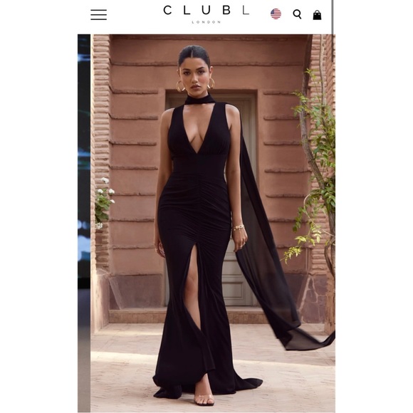 WHIMSICAL
BLACK CHIFFON PLUNGE
FISHTAIL MAXI DRESS WITH
SCARF DESIGN - Picture 5 of 10